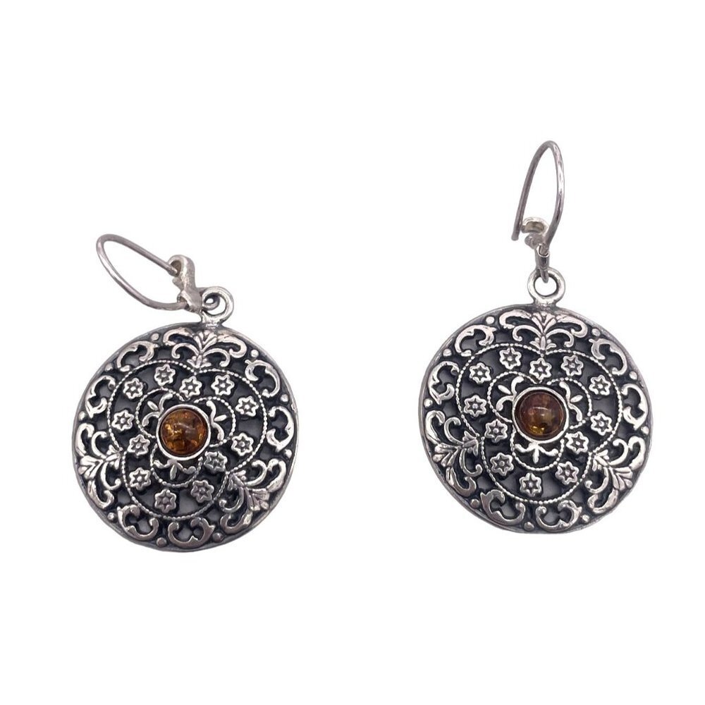 KL 925 Sterling Silver Gemstone Round Shape Filigree Dangle Drop Earring